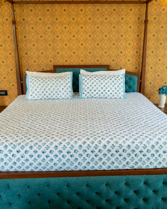 The Mayura Blue - Hand Block Printed Jaipuri Cotton Bed Sheet Set