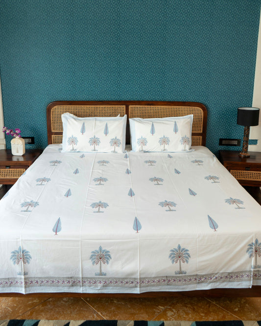 The Palm Paradise Set - Hand Block Printed Jaipuri Cotton Bed Sheet Set