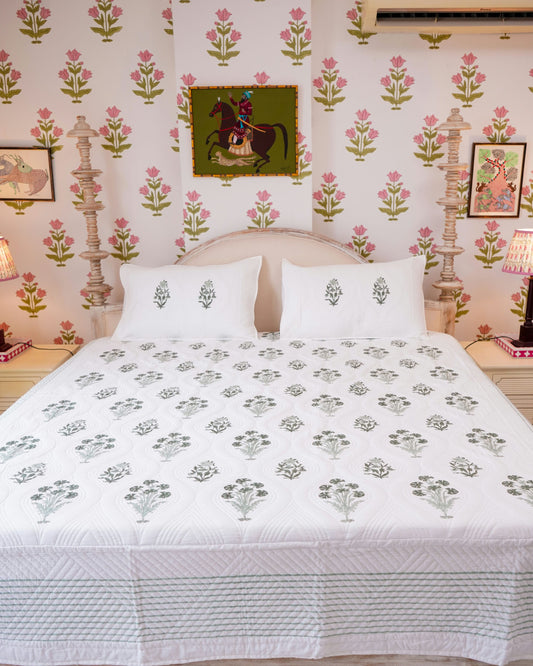 Handcrafted Mulmul Cotton Quilted Block Print Bedspread