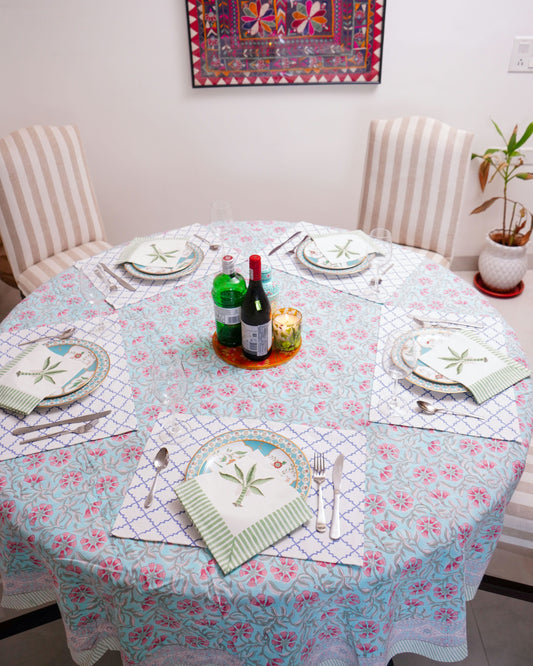 Turquoise Pink Floral Hand Block Cotton Tablecloth