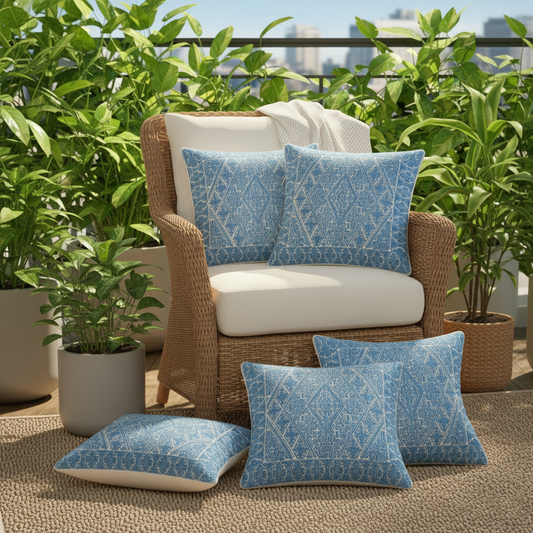 Noor Handcrafted Blue Chambray Cushion Cover 16x16 Inch – Elegant Embroidered Design for Festive Home Décor